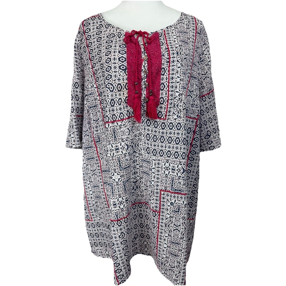Catherines 1X Blouse Top Tunic Navy Pring with Burgandy Trim Tassels Bohemian